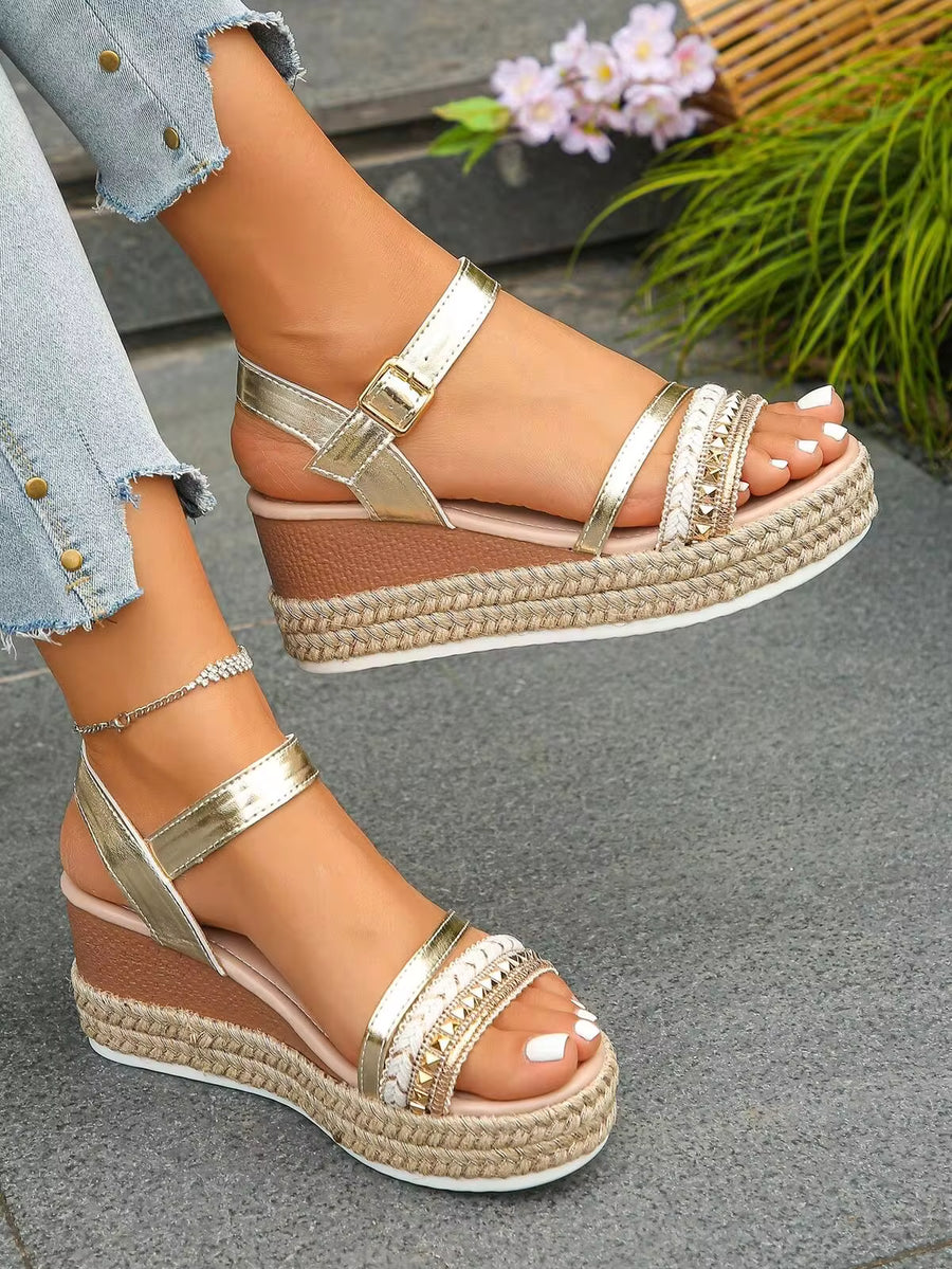 Plus Size Women's Platform Wedge Sandals, New Summer Fashion Elegant Bohemian Style Gold Rivet Woven Thick Bottom High Heel Sandal, Suitable For Daily Wear, Vacation, Work Commute, Comfortable & Versatile