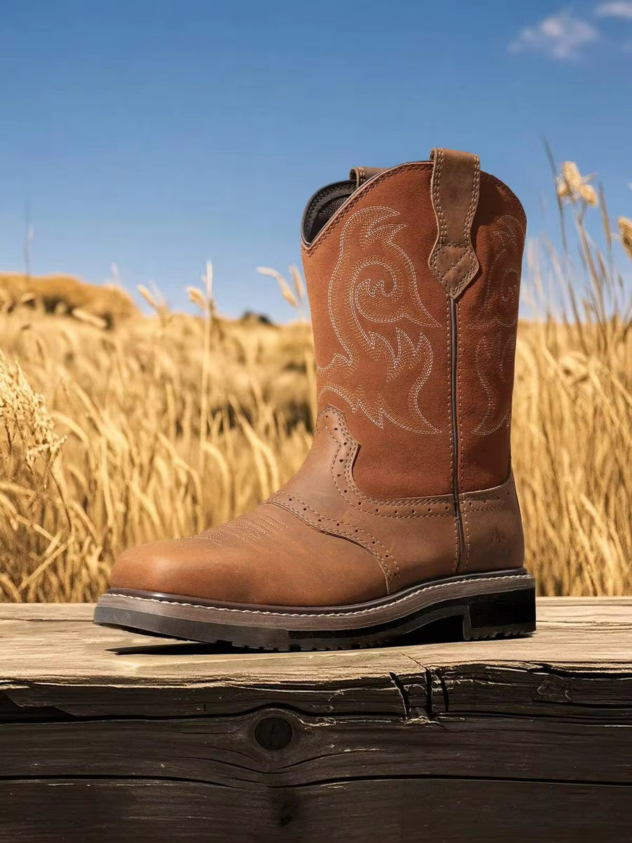 Men's Steel Toe Cowboy Boots: Western Square Toe Leather Work Boots With Hazard Protection For Construction And Farming