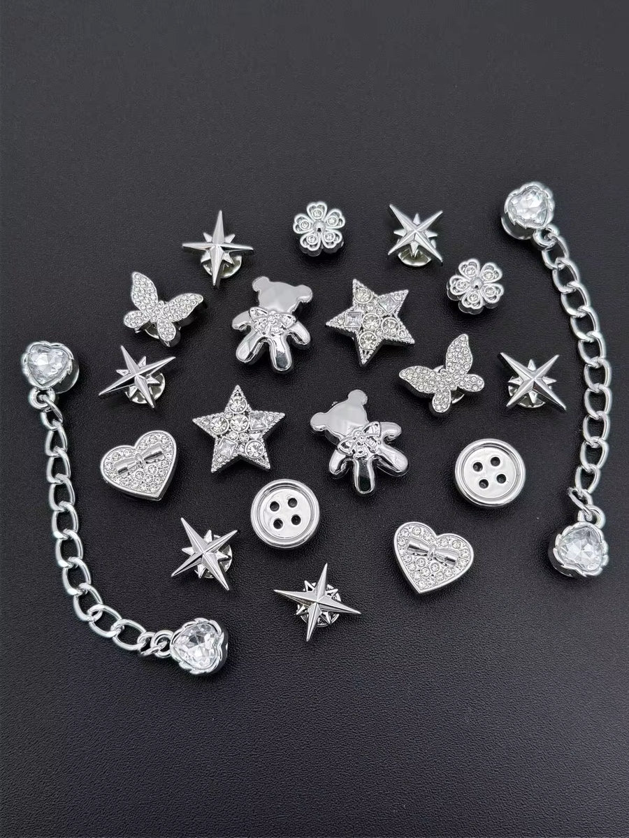 20pcs Silver Bear, Star, Butterfly, Heart Chain Hollow Shoe Clips, Multifunctional Shoe Decor Accessories For Women Sandals, Slippers, Beach Bags, Suitable For Holiday And Birthday Party Gifts
