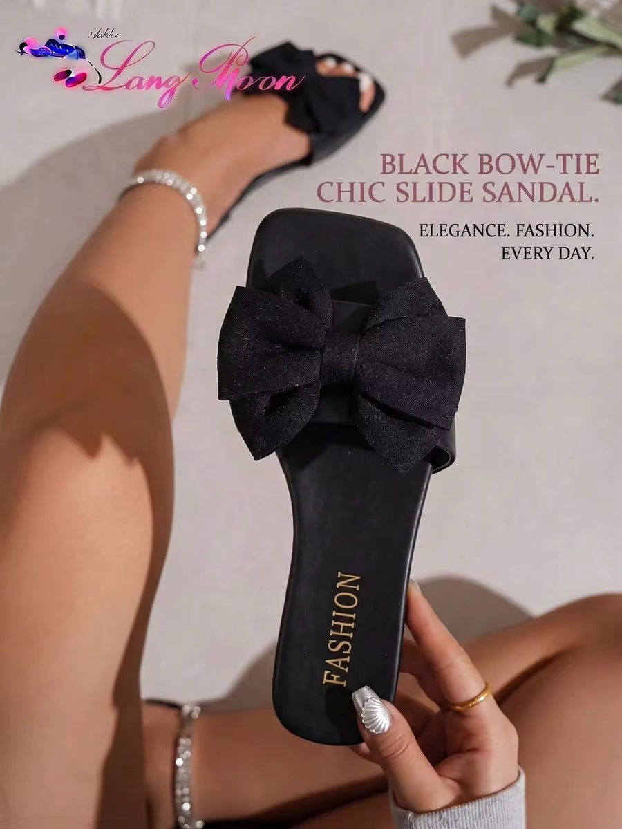 LangMoon Ashlee LangMoon 2026 Elegant Vintage Black Square Toe Fabric Big Bow Slide Sandals, Smooth PU Soft Cushion Non-Slip Lightweight, Spring Summer Autumn Daily Wear Beach Vacation Versatile Elegant Shoes